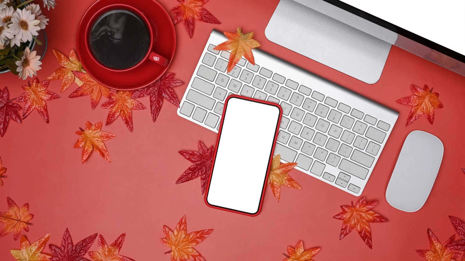 Top view smart phone, coffee cup, computer and maple leaves on red background.