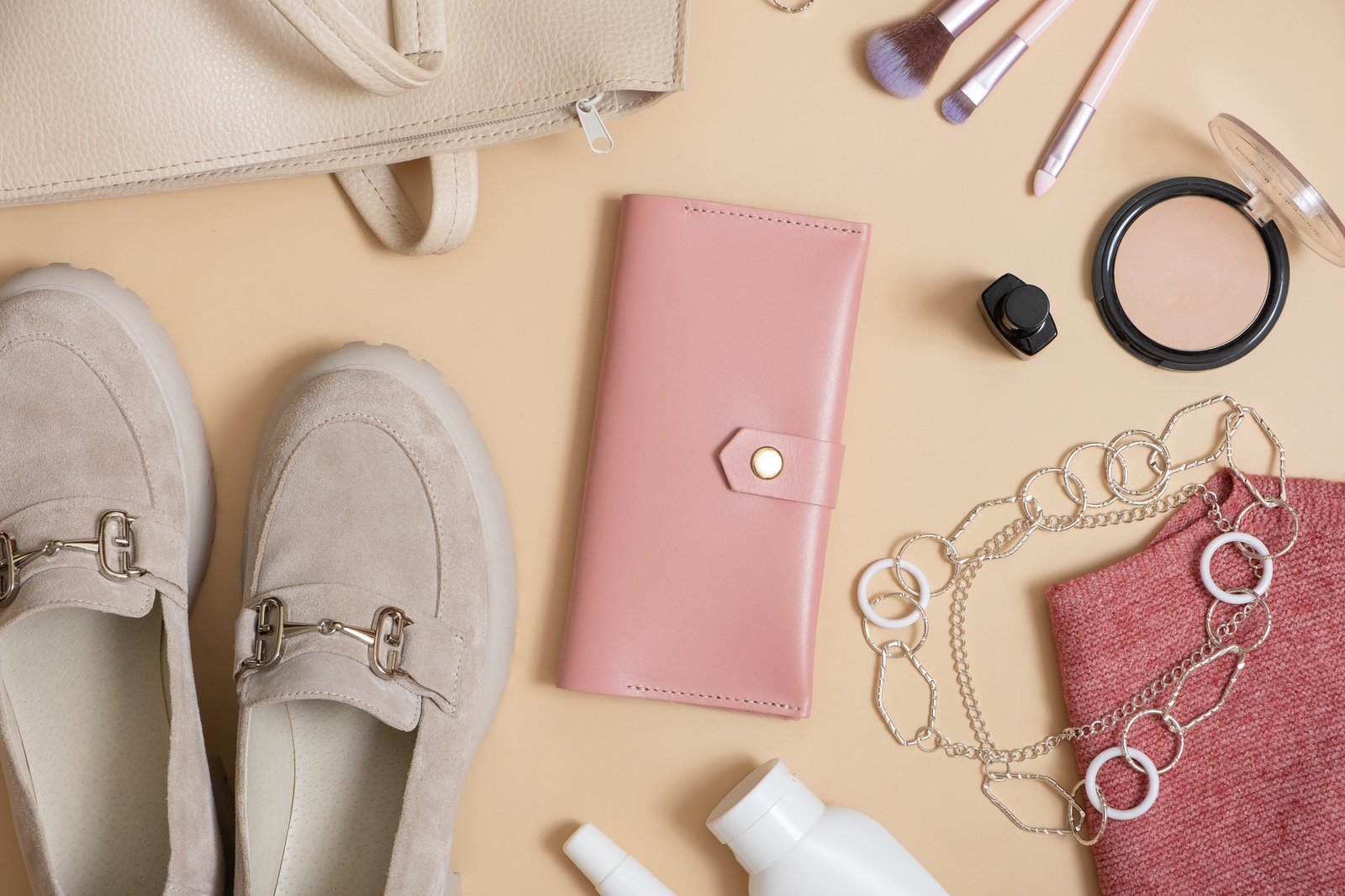 Wallet, women's shoes, bag and cosmetics flat lay. Shopping, fashion blog concept